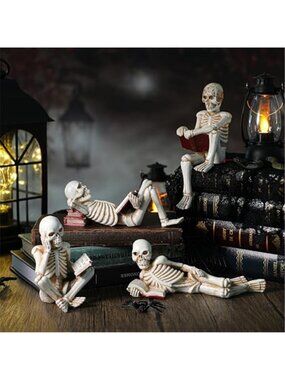 4 Pcs Halloween Reading Skeleton Figurines with Books for Shelves